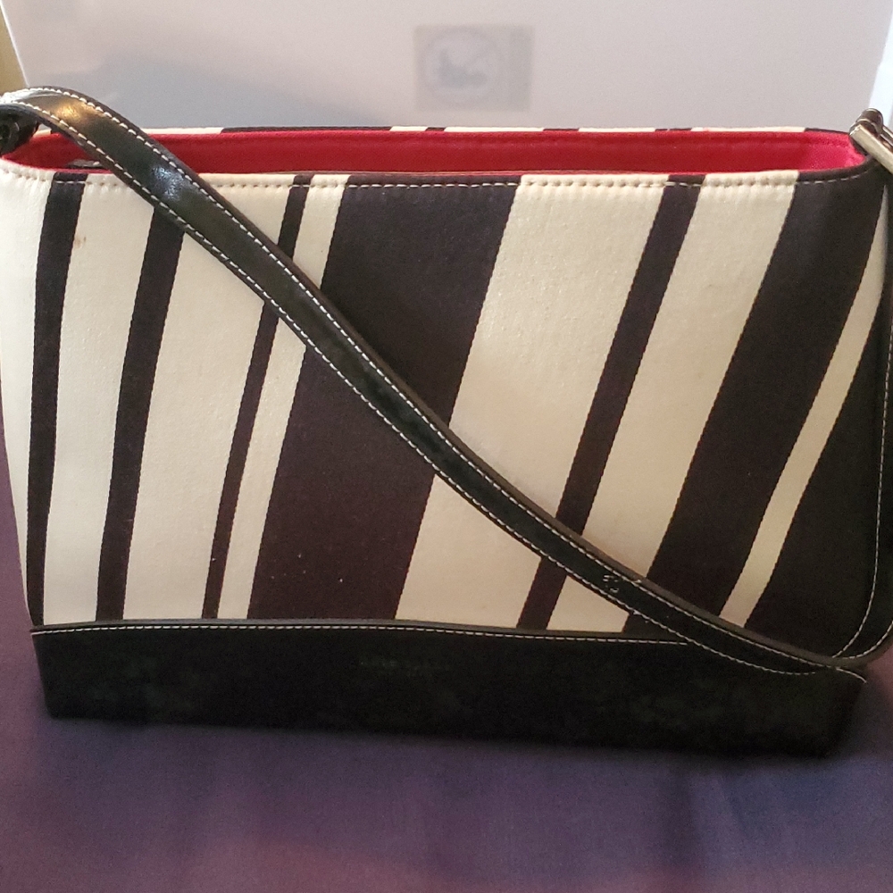 Kate Spade New York Black White Diagonal Striped Fabric Handbag